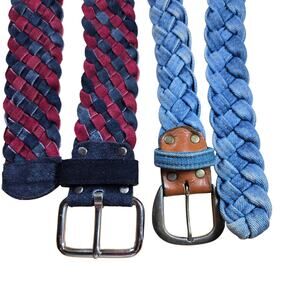 2 1970s Braided Belts: Keegin Denim and Leather, Canterbury  Braided Suede Sz 36